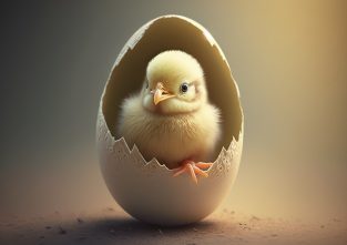 Das neugierige Küken schaut aus seiner Eierschale